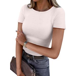 ANRABESS Women Short Sleeve Crewneck Ribbed Knit Slim Fitted Shirts Summer Tops Basic Tee Casual 2026 Spring Outfits Clothes (Beige, S)