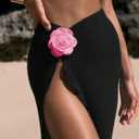 Women's Beach Cover Up Skirt 3D Flower Crochet Out High Split Swimsuit Bathing Suit Beach Skirt (Black, XS)