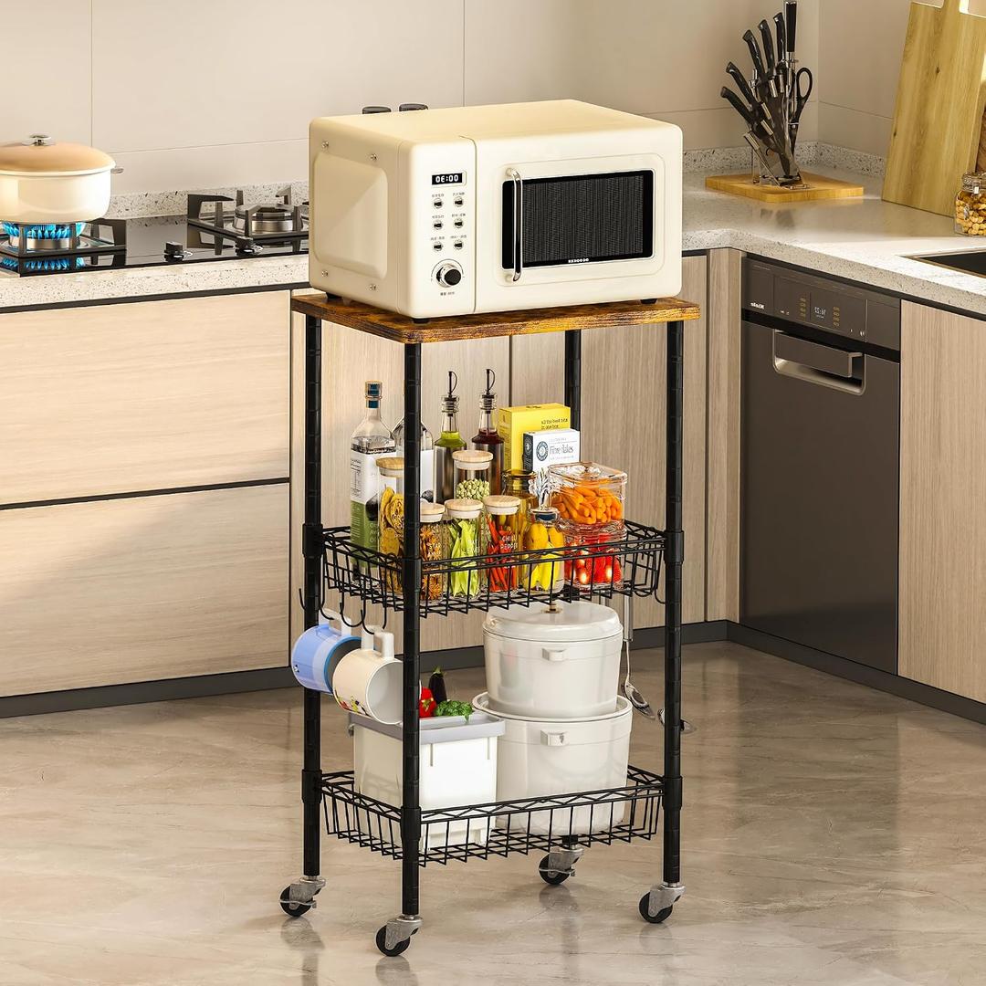 Homeiju Rolling Kitchen Storage Cart, 3-Tier Storage Rack on Caster Wheels with Adjustable 2 Baskets, Coffee Station Cart Rack Shelf Organizer for Living Room Office, Balcony, Rustic Brown/Black