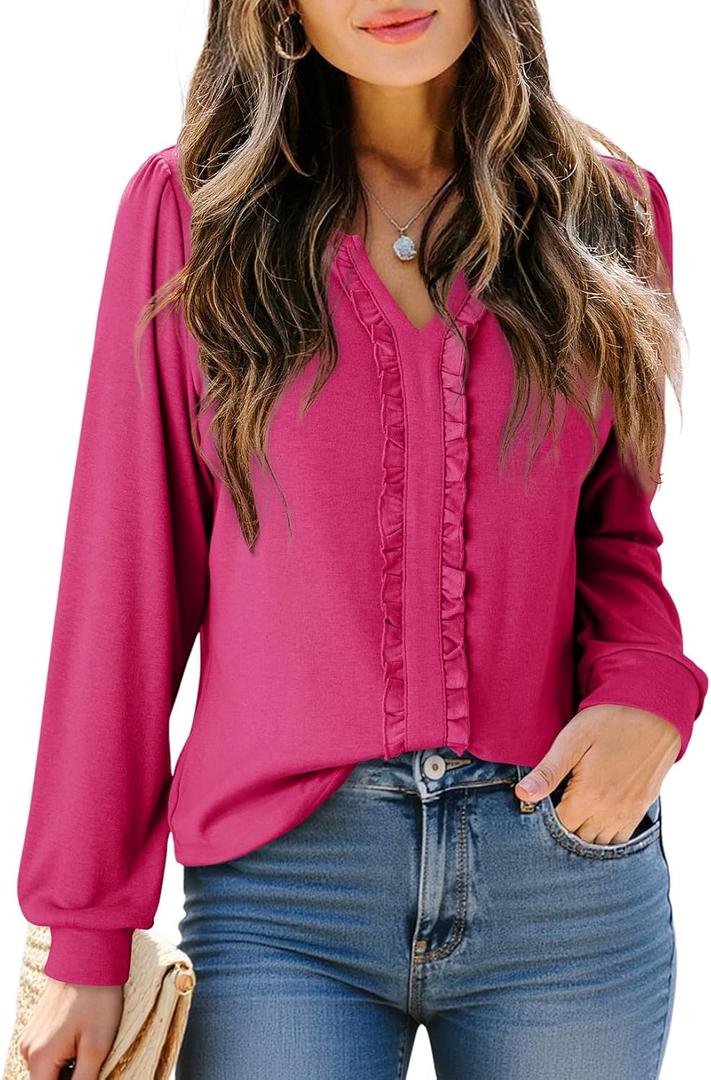 Dokotoo Women's V Neck Ruffle Blouses Long Sleeve Casual Work Tops Loose Fit Pullover Shirts (Pink, XXL)