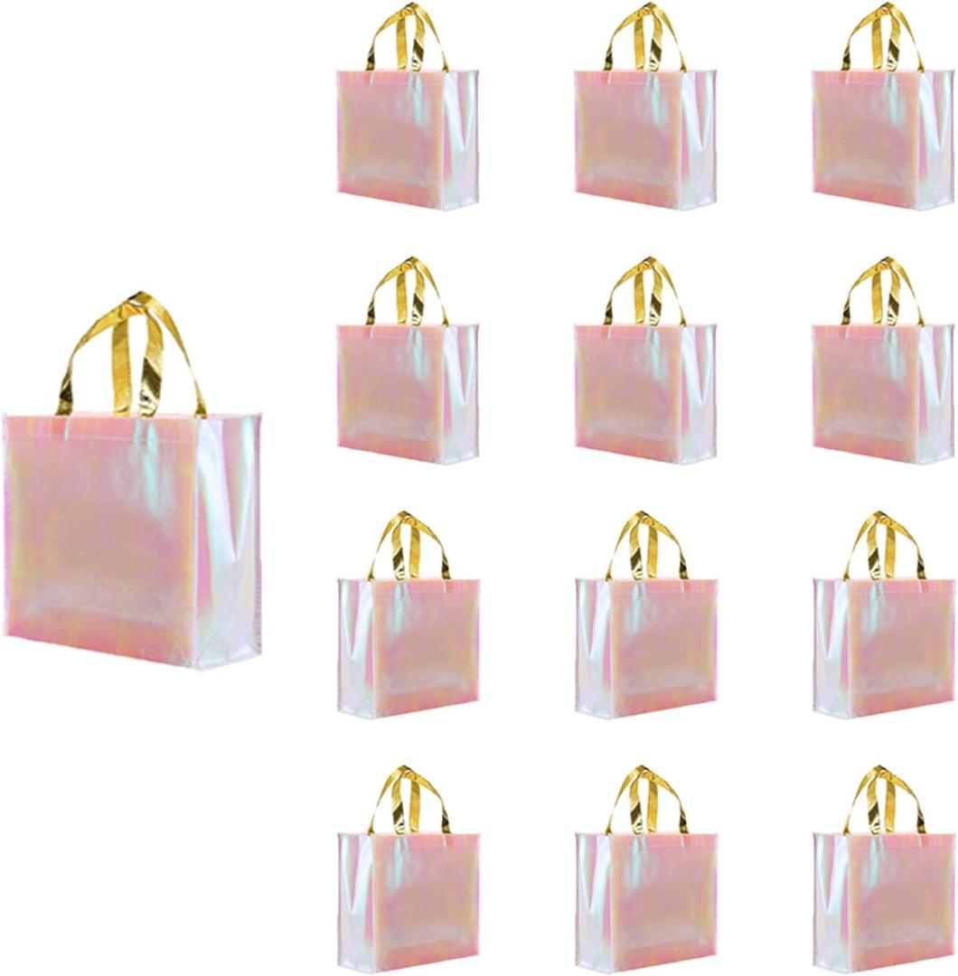 Set of 12 Iridescent Glossy Reusable Grocery Bags Reusable Gift Bags with Handles Bachelorette Bag Non-Woven Bridesmaid Bag for Women Birthday Wedding Party Mother's Day Christmas