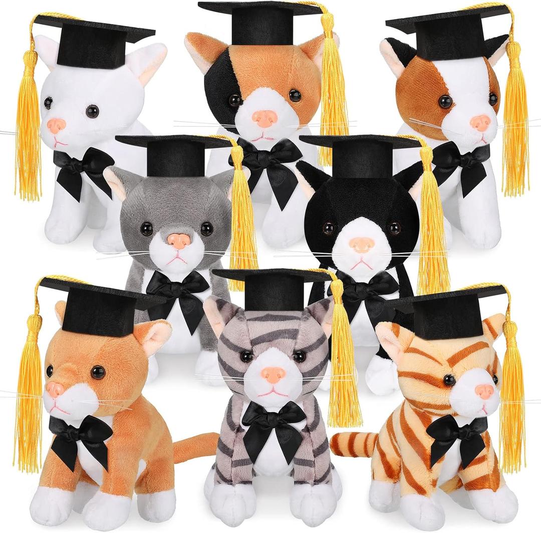 8 Pieces Plush Pets 5 Inch Stuffed Animals Bulk Assorted Cute Stuffed pet Animal Plush Toys Small Plush Animals for Graduation Kid Classroom School Pet Party Favors Supplies Decoration (Bachelor Cat)