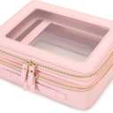 Aveniee XL Clear Makeup Organizer,Double Layer Travel Cosmetic Case with Brush Holder & Zippered Compartments,Big Toiletry Bag for Travel Accessories,2 Layers Large,Pink