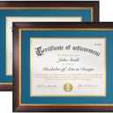 FrameMind 8.5x11 Diploma Frame with Blue over Gold Acid-free Mat or Display 11x14 Document without Mat, Certificate Frame with Tempered Glass, Tabletop or Wall Mount (2 Pack, Mahogany/Blue)