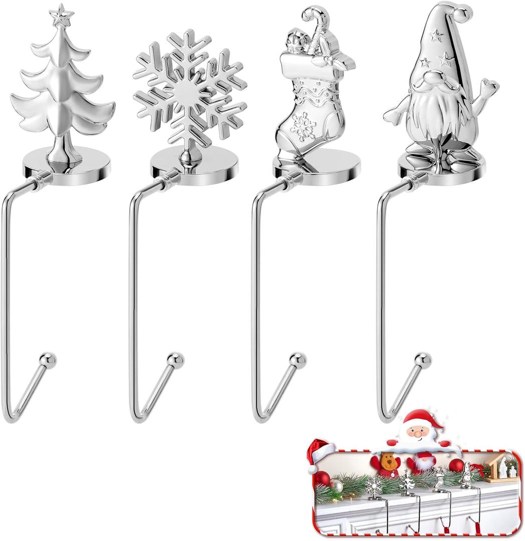 Christmas Stocking Holders for Mantel Set of 4, Non-Slip Adjustable Mantle Stocking Holders, Snowflake Snowman Reindeer Pine Tree Fireplace Stocking Hangers Set for Party Christmas Decorations