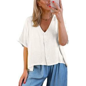 Tankaneo Womens Shirt Tops Batwing Short Sleeve Blouse Summer Casual Oversized V Neck Button Down Shirts (White, XL)