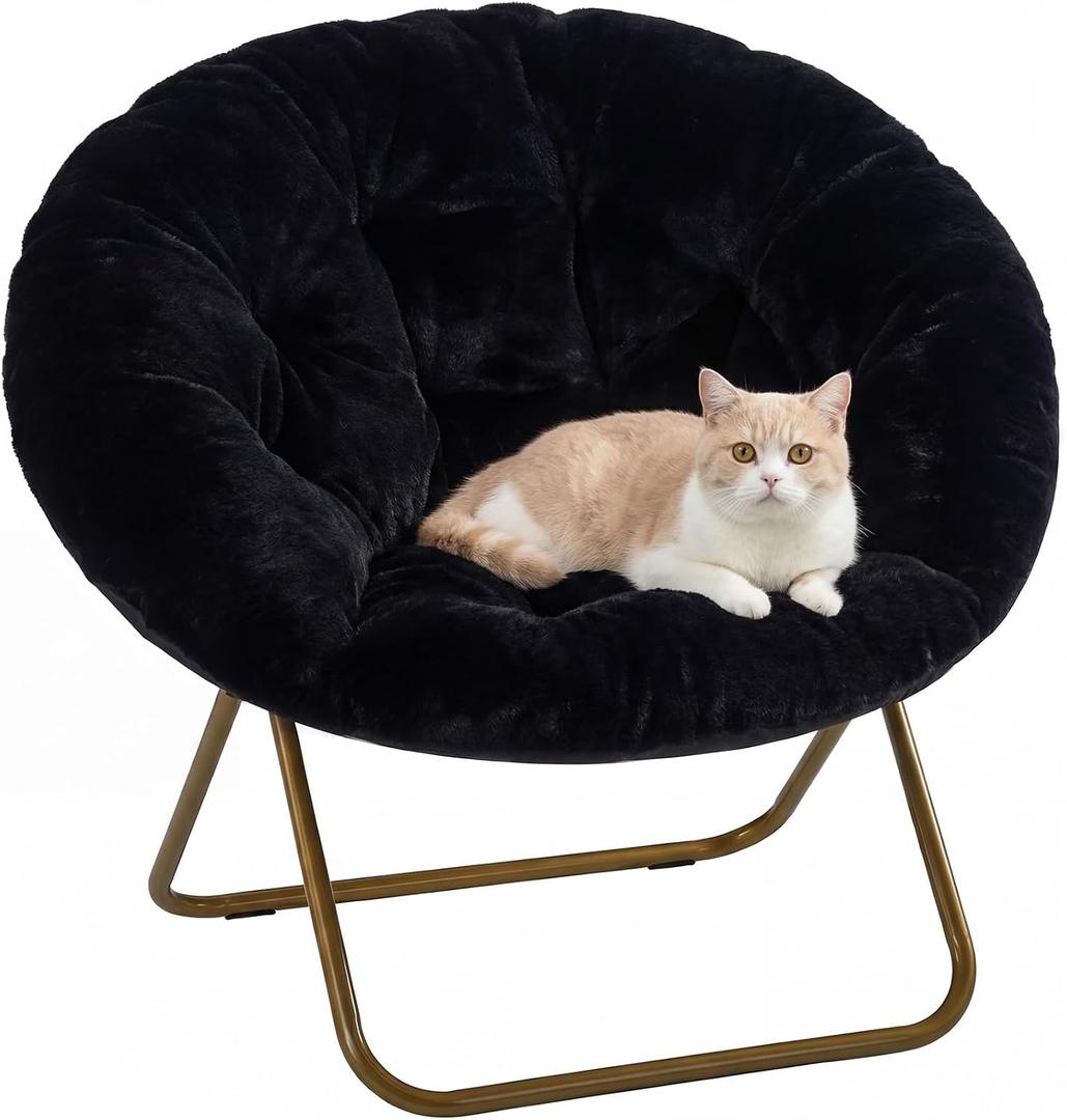 DUMOS Comfy Saucer Chairs Cozy Faux Fur Soft Lounge Cute Folding Bedroom Living Room Seat Flexible Reading Foldable Seating for Kids Adults Thick Padded Metal Frame Modern for Home Office, Black, Round-36 Inches