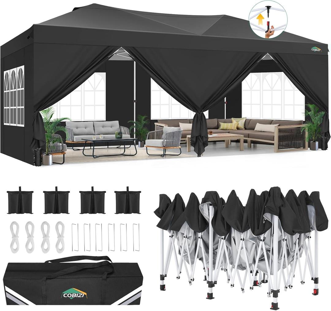 COBIZI Canopy 10x20 Pop Up Canopy Tent with 6 Sidewalls, One Push Party Tents for Parties Outdoor Wedding Waterproof Gazebo Commercial Event Tent with Sandbags, Black
