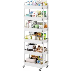 Sywhitta 6-Tier Plastic Rolling Utility Cart with Handle, Multi-Functional Storage Trolley for Office, Living Room, Kitchen, Movable Storage Organizer with Wheels, White