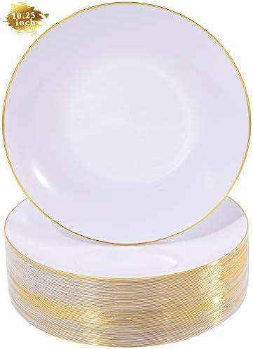 Nervure 100 Pieces Gold Plastic Plates - 10.25 inch Gold Dinner Plates - Heavyweight White and Gold Disposable Plates Ideal for Wedding & Party & Father's Day & Christmas