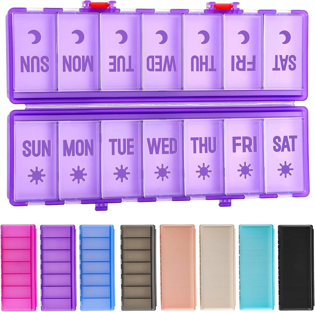 Foldable Pill Organizer 2 Times a Day w/Etched Labels -Dual Protection & Portable Weekly AM PM Pill Box, 7 Day Medicine Container, Large Travel Pill Case for Daily Supplement Vitamin -Clear Purple