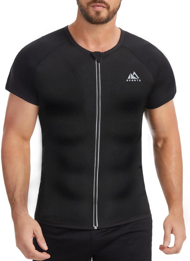 NINGMI Sauna Shirt for Men Hot Sweat Suit Zipper Short Sleeve T-Shirt Body Shaper Workout Sports Exercise Fitness Trainer Gym (XXL)