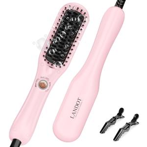 LANDOT Mini Hair Straightening Brush - Compact Heated Ionic Straightener Brush for Frizz-Free, Smooth Results, Lightweight Hot Comb & Travel Flat Iron Perfect for Short Medium Hair, Blush