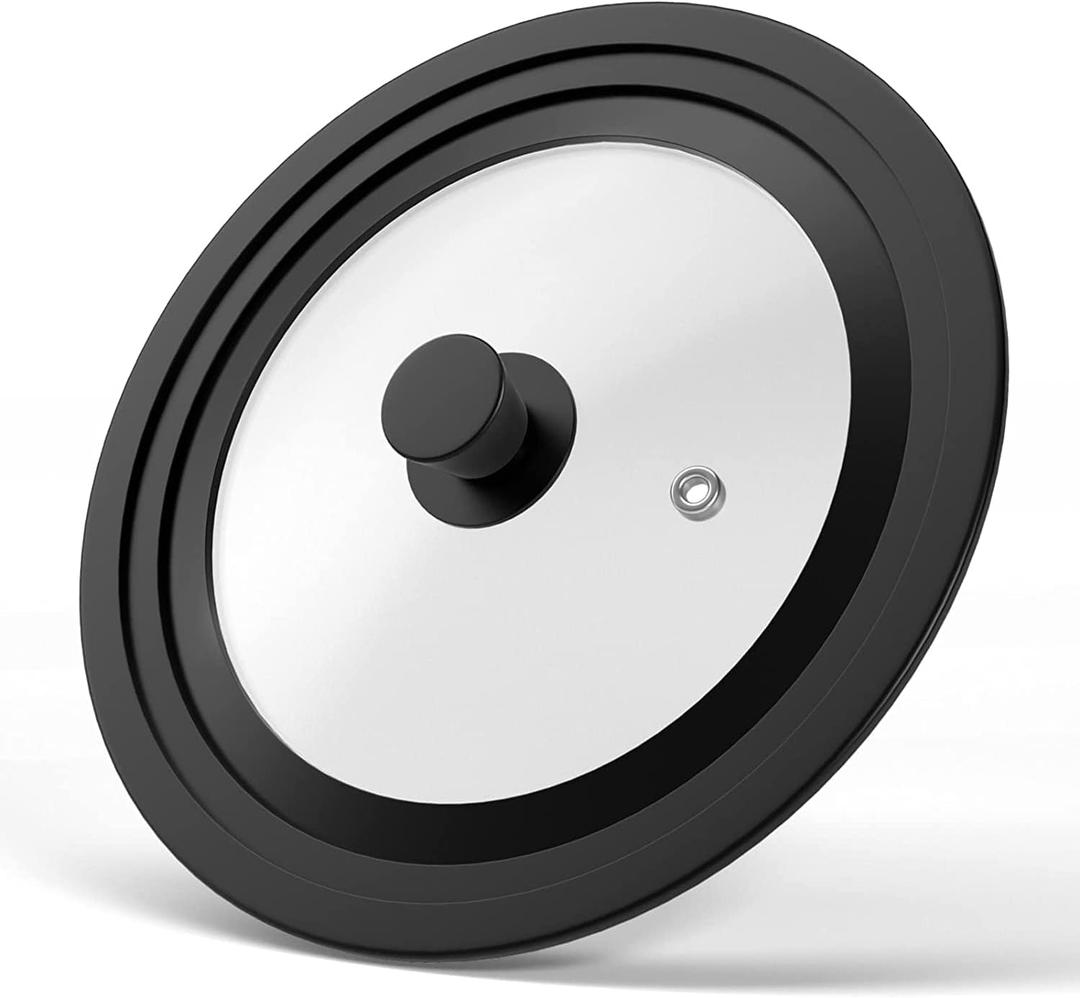 Universal Lid for Pots, Pans and Skillets - Tempered Glass with Heat Resistant Silicone Rim and Heat Resistant Handle Fits 9.5", 10.5" and 11" Diameter Cookware, Black