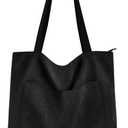 Prite Corduroy Tote Bag for Women Large Shoulder Bag with Zipper and Pockets for College Work Travel Shopping (Black)