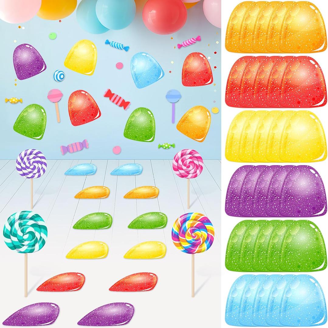 Spakon 30 Pcs Candy Birthday Party Decorations Candy Themed Floor Stickers Colorful PVC Gumdrop Jelly Wall Decals for Christmas Trunk or Treat Party Supplies