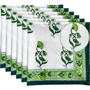 Hand Block Cloth Napkins Set of 6  Elegant Cotton Napkins for Dinner, Weddings, Reusable Everyday Use  Decorative Floral Napkins Everyday for Kitchen & Home Decor (6, Green, 20X20 Inches)