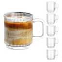 6 PACK Premium Glass Coffee Mugs with Handle, 12 OZ Classic Vertical Stripes Glass Coffee Cups, Transparent Tea Cup for Hot/Cold Beverages, Glassware Set for Americano, Latte, Cappuccino