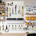 Landhoow 26 Pack Slatwall Accessories, 24 Pcs Multi Size Heavy Duty Slat Wall Hanging Hooks & Hangers with 2 Pcs Storage Straps for Storage Garage Wall Organization Garden Home Slatwall Paneling