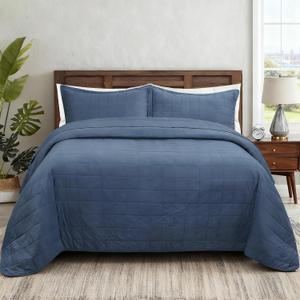 Quilt Oversized King Size Bedding Sets, 100% Cotton Lightweight Luxury Comforter Set, Oversized Extra Wide Stitching Bedspreads Coverlets with 2 Pillowcase Suitable for All Season, Blue