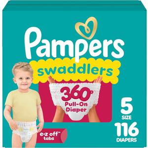 Pampers Diapers - Swaddlers 360° - Size 5, 116 Count, up to 100% Leakproof Comfy Dry Fit, Designed for Easy Changes, Pull On Baby Diaper