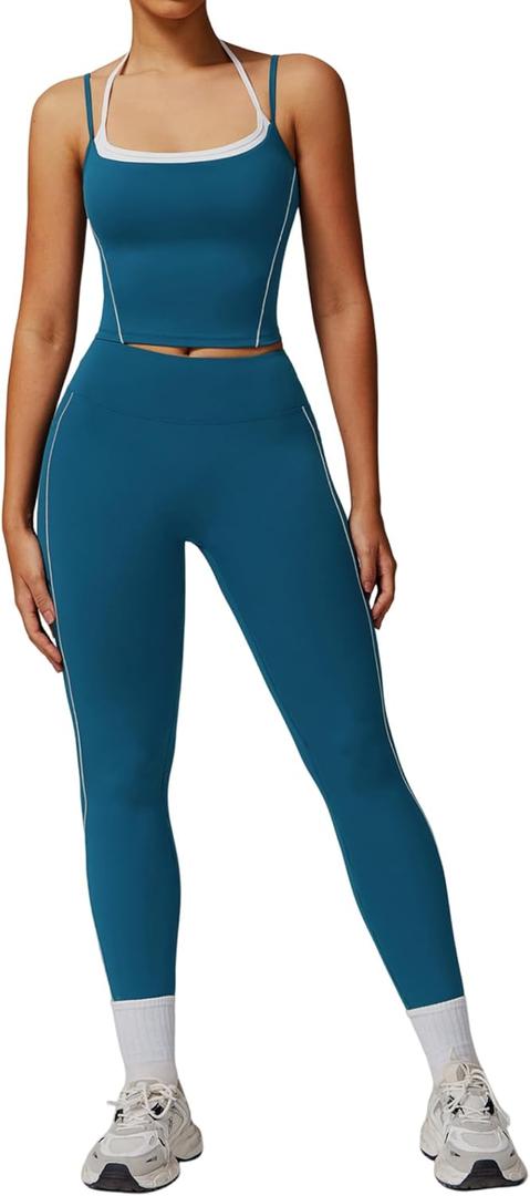 QBGJTD Womens Workout Sets Two Piece Spaghetti Straps Tank Top Matching High Waist Leggings Gym Work Out Outfits with Pockets,Medium