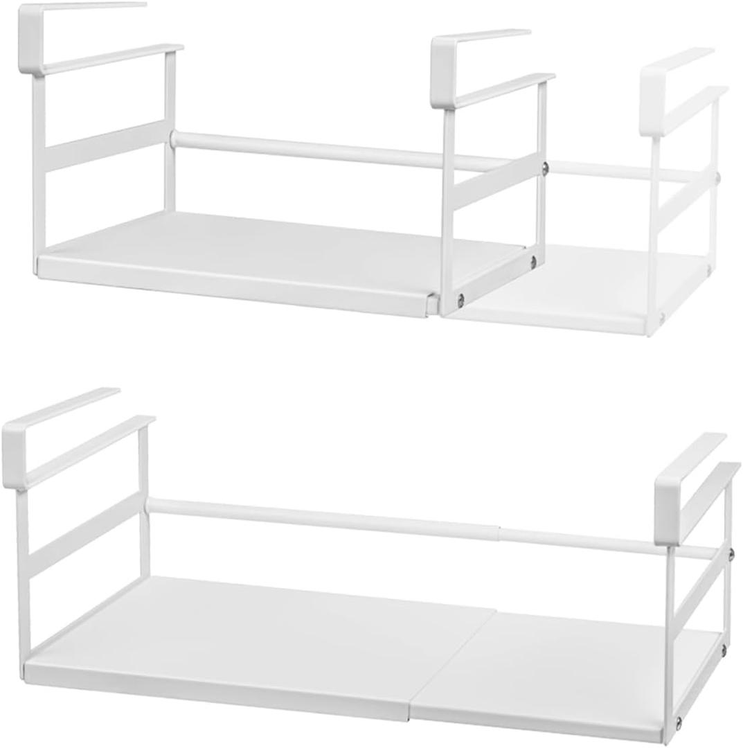 Under Shelf Storage Basket Expandable Organizer, 2 Pack Hanging Baskets Under Cabinet Shelf, Add-on Space Saver Pantry Kitchen Cupboard Desk Counter Bookshelf, Heavy-Duty Slide-in White (8.66D * 10.04-16.81W * 6.3H)
