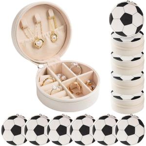 12-Pack Soccer Jewelry Box Bulk Team Gifts for Girls, White Round Mini Travel Jewelry Case for Soccer Players Coaches, Senior Night Tournament Gifting