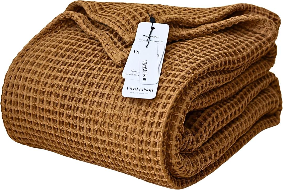 Premium Waffle Throw Blanket Twin Size Caramel - Luxury, Pure 100% Turkish Cotton, Light and Airy Waffle Weave All-Season Quilt - Decorative Bedspread (Caramel, Twin 63" x 91" Inch)