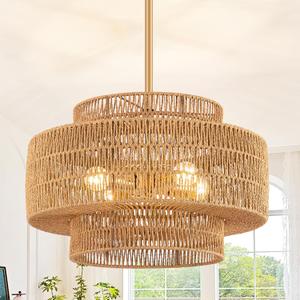 Large Boho Chandeliers for Dining Room, 4-Light Rattan Hand-Woven Rustic Chandelier Light Fixtures, 17.7" Farmhouse Hanging Pendant Lighting for Kitchen Island, Bedroom, Living Room