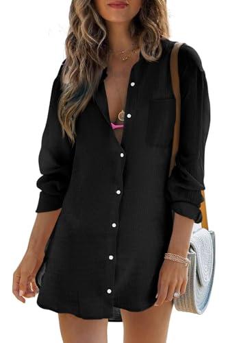 Womens Beach Cover Up Button Down Shirts Summer Cotton Gauze Tops Long Sleeve Bikini Swimsuit Size Small, Black 