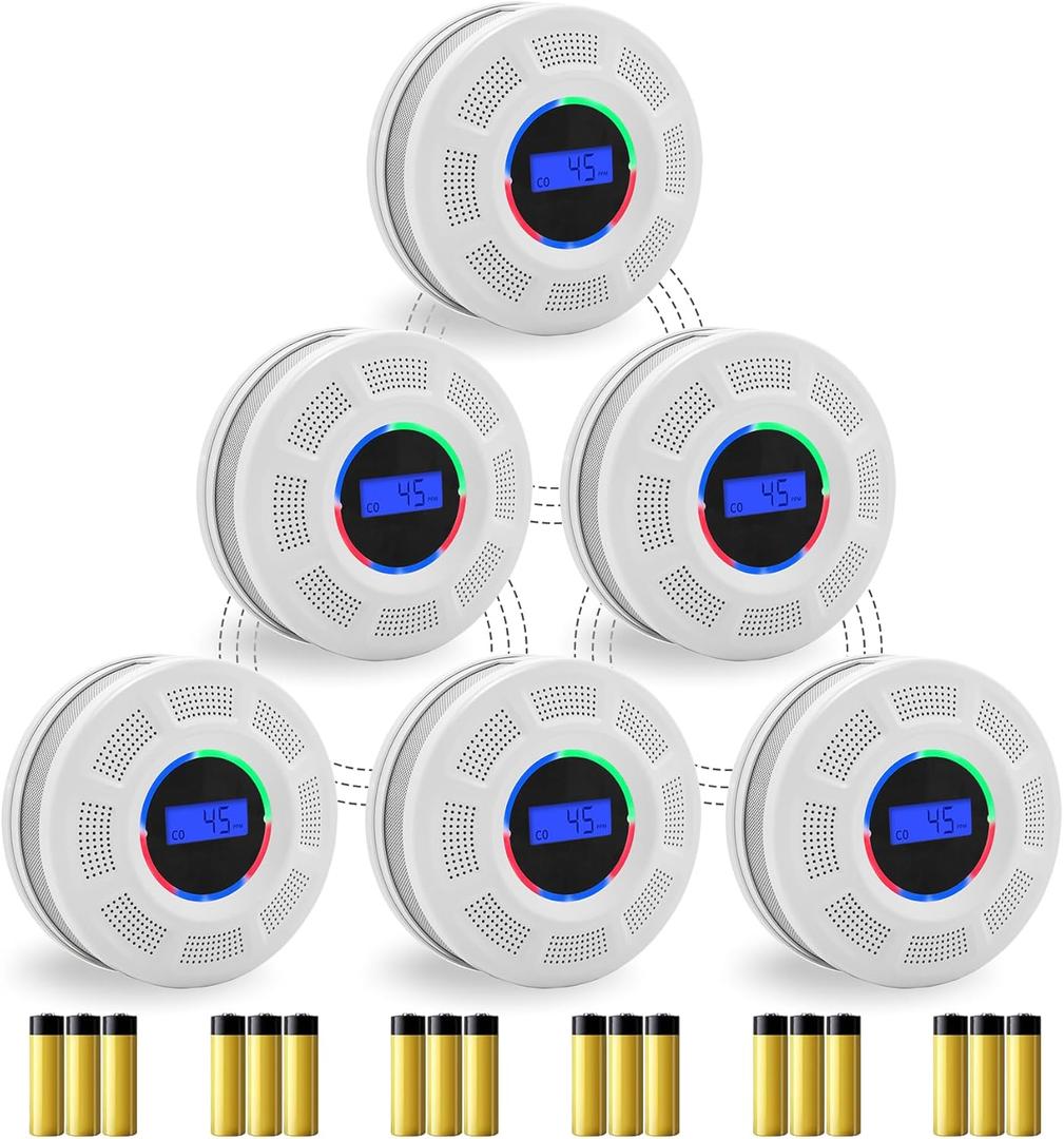 Wireless Interconnected Smoke Carbon Monoxide Detector Battery Powered, Interlinked Combination Smoke and Carbon Monoxide Detector Alarm with Digital Display, Silence Button (White-6Pcs), EXP: 03/13/2031