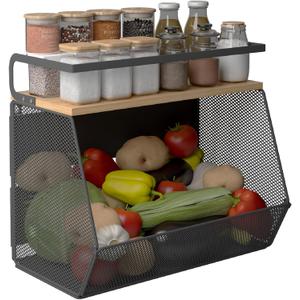 Magnetic Shelf for Fridge with Wide & Thick Magnet, 1 Pack Refrigerator Organizer Basket with Bamboo Top, Storage for Fruit, Potato, Onion, Kitchen, Pantry, Laundry (Black, M)