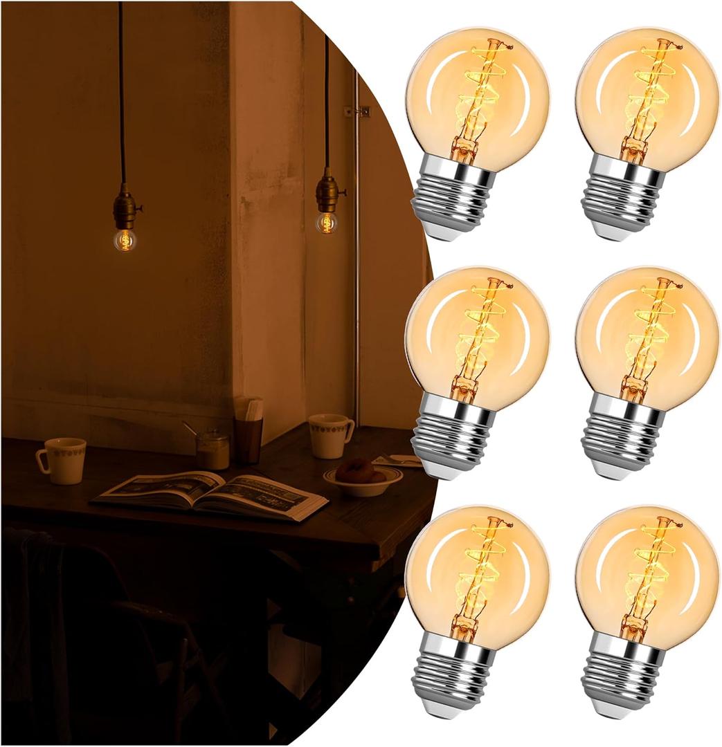 Vintage LED Edison Bulb Equal 25W Amber Light Bulbs 2000K Soft Yellow Light Bulb, Super-Thin Spiral Filament Incandescent Warm Light Amber Bulbs, Dimmable E26 Base Night Light Bulbs 4W, 6 Pack