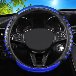 Car Leather Steering Wheel Cover - Carbon Fibre Material, Universal 14.5-15 Inch Leather Anti-Slip Breathable Auto Steering Wheel Covers for Men Women (3D Massage - Sports Blue)