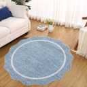 GarveeHome Scalloped Washable Round Rugs, Non-Slip Soft Round Rug 4ft Ultra-Thin, Small Boho Circle Stain Resistant Low Pile Carpet for Entryway Kitchen Bedroom Nursery Bathroom, Blue