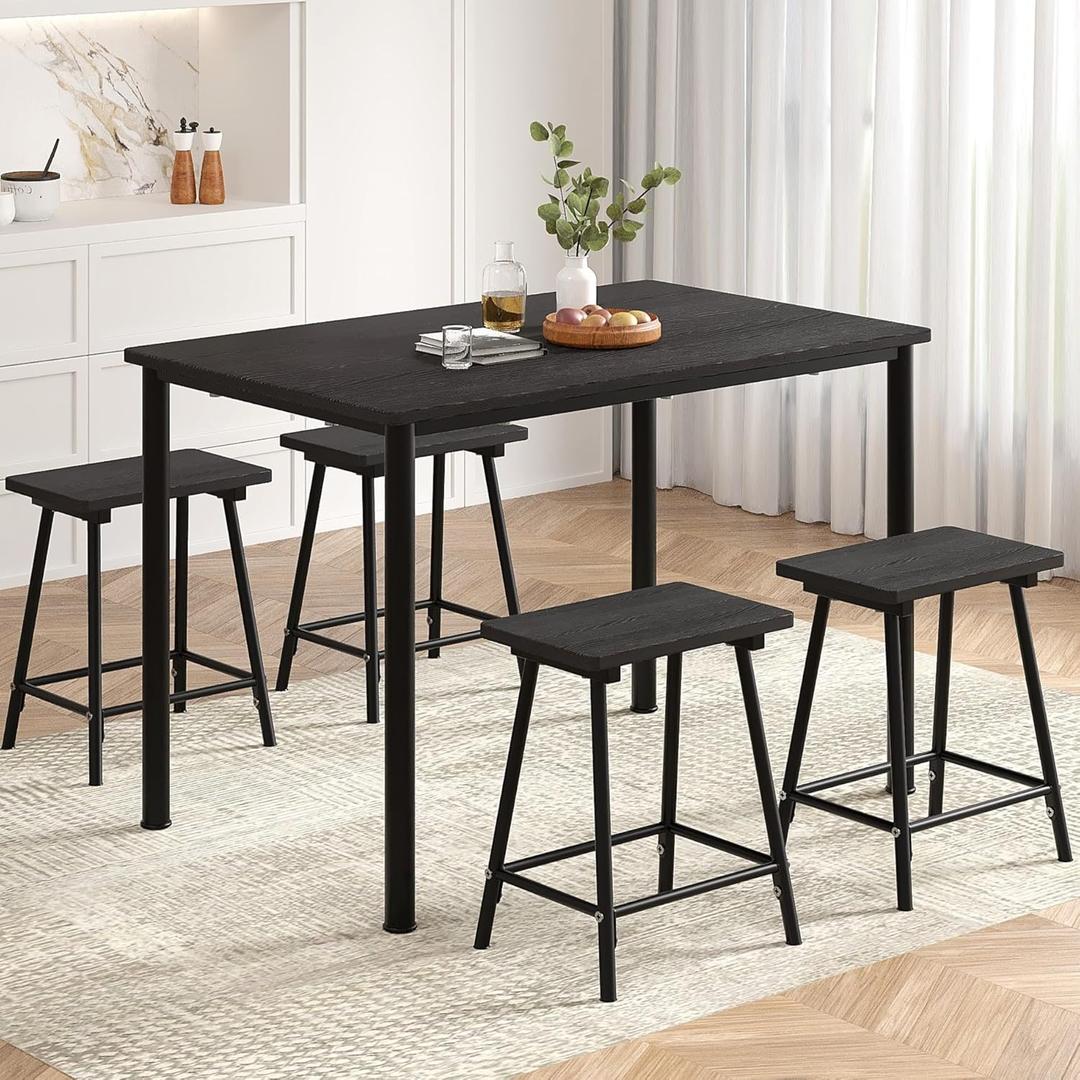 VECELO Kitchen Table and Chairs for 4, Dining Room Set with Chairs/Stools, Heavy-Duty Metal Frame with Wooden Tabletop for Small Spaces, Easy Assembly, Classic Black