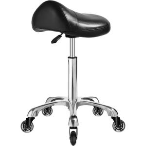 Saddle Stool Chair with Wheels, Ergonomic Thicker Saddle Seat Design for Healthy Sitting Posture, PU Leather, Rolling Saddle Stool with Silent Rubber Wheels Adjustable for Salon Massage Home, Black