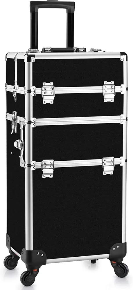 Makeup Train Case - 2 In 1 Aluminum Professional Rolling Cosmetics Storage Organizer With Locks and Folding Trays Black