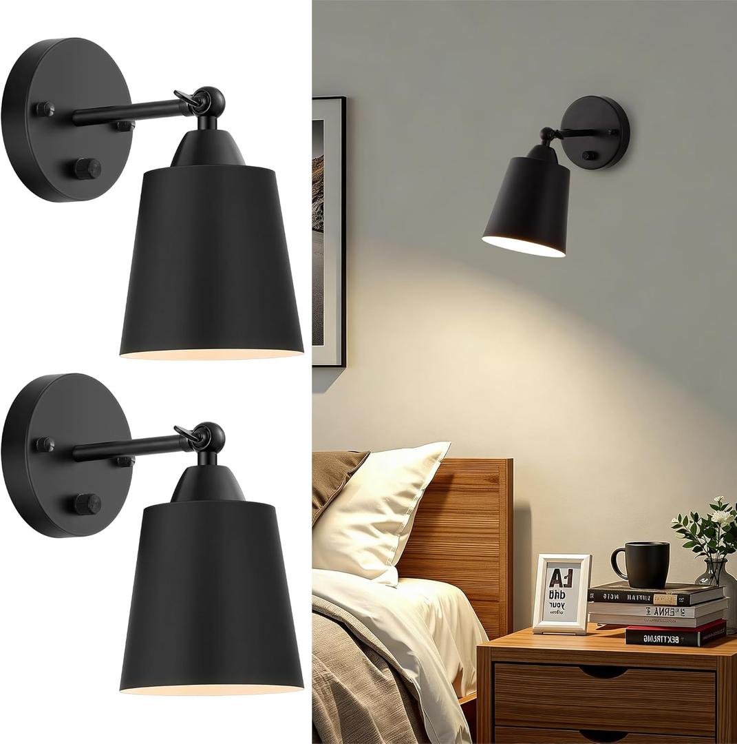 Dimmable Wall Sconces Set of Two, Bedside Wall Mount Lamp with Rotary Switch, Black Bathroom Vanity Lights with Metal Shade, Hardwired Swing Arm Wall Lights for Bedroom Living Room Hallway