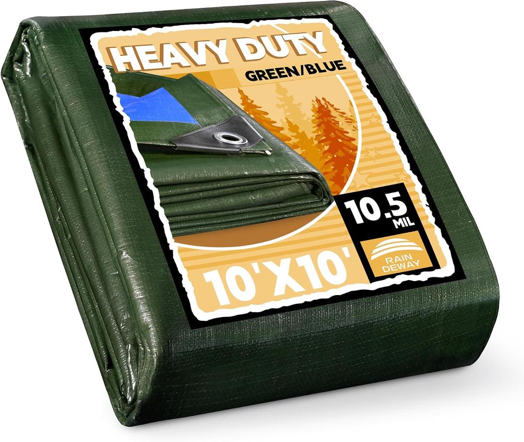 RAINDEWAY 10x10 Feet Tarps Heavy Duty Waterproof,10.5 Mil Outdoors Tarps,Multipurpose Poly Tarp Cover with Metal Grommets and Reinforced Edges for Roof,Camping,Patio,Carport,Boat,Green/Blue