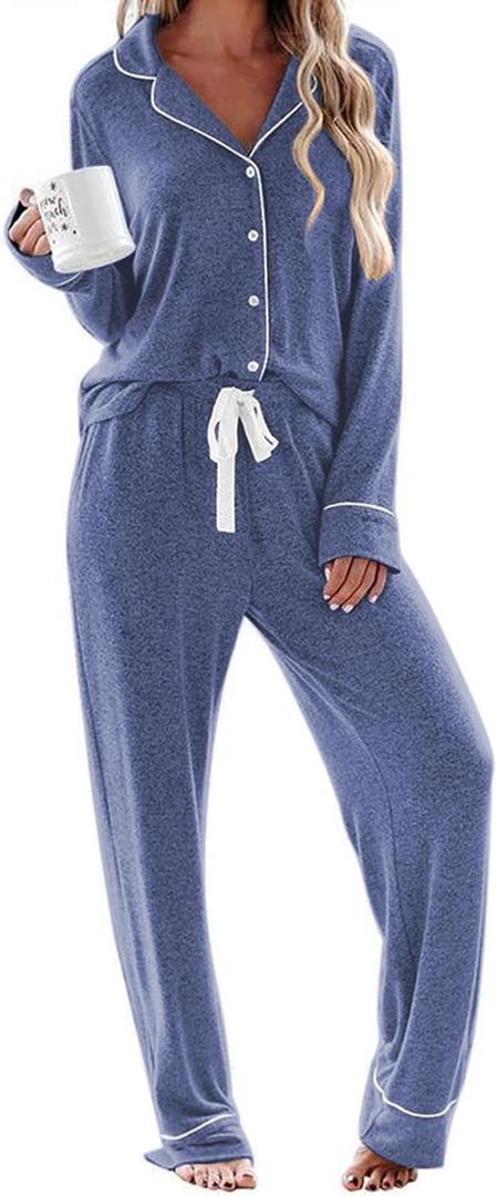 Ekouaer Women's Pajamas Long Sleeve Sleepwear Casual Button Down Loungewear Soft Pjs Set S-XXL (Large, Navy)