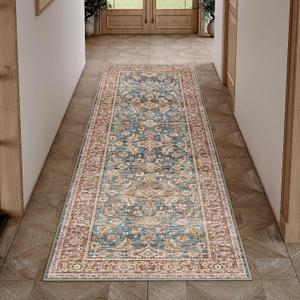 2x6 Washable Runner Rug Dark Blue Gold Vintage Distressed Hallway Kitchen Non Slip Low Pile Area Rug Living Room Bedroom Throw Rug Soft Indoor Carpet for Entrance Laundry Dining Room Bathroom