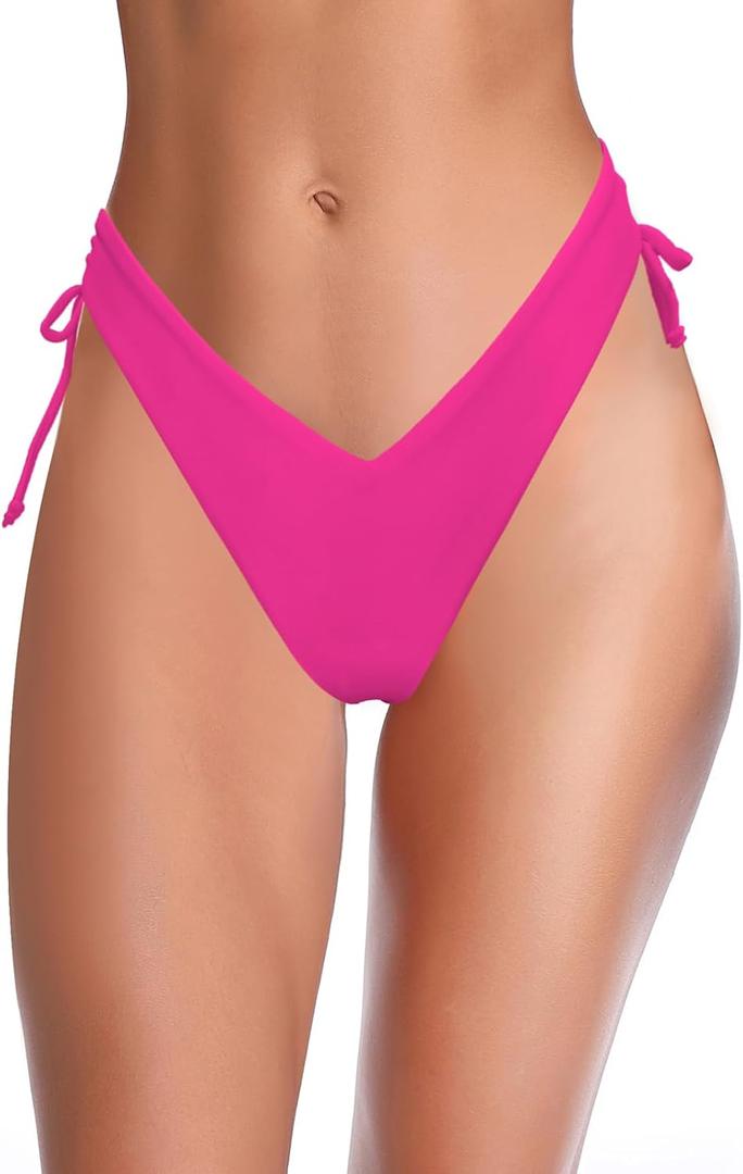 SHEKINI Women's Bikini Bottom V Cheeky High Cut Thong Tie Side Swimsuit Bottom Brazilian Swim Bottom (L)