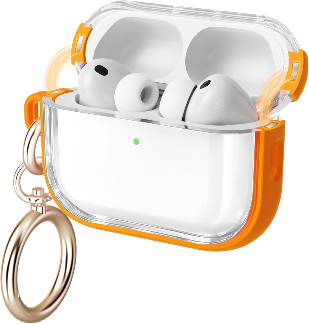 for Airpods Pro 3 Case Clear, Soft TPU Transparent Anti-Yellowing for Apple AirPods Pro 3rd Generation (2025) Case Cover for Men & Women with Keychain, Military-Grade Shockproof, Clear+Orange