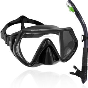 WACOOL Professional Snorkeling Snorkel Diving Scuba Package Set with Anti-Fog Coated Glass Purge Valve and Anti-Splash Silicon Mouth Piece for Men Women (Adults,Black)