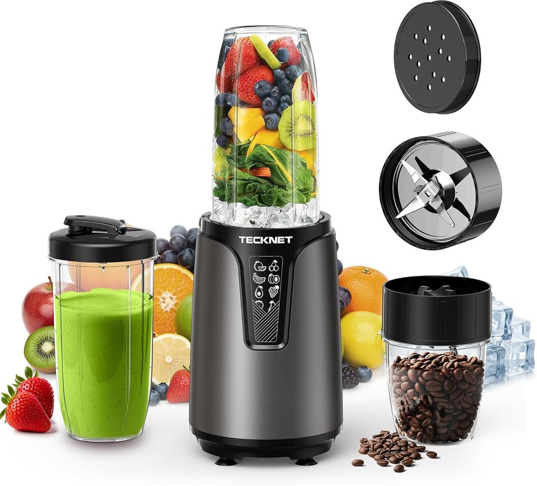 TECKNET 25000RPM Personal Blender for Smoothies, 1000W Smoothie Blender, Portable Small Blenders for Protein Shakes, Puree & Coffee, Self-Clean Countertop Smoothie Maker, BPA-Free To-Go Cups 17oz&10oz, Gray