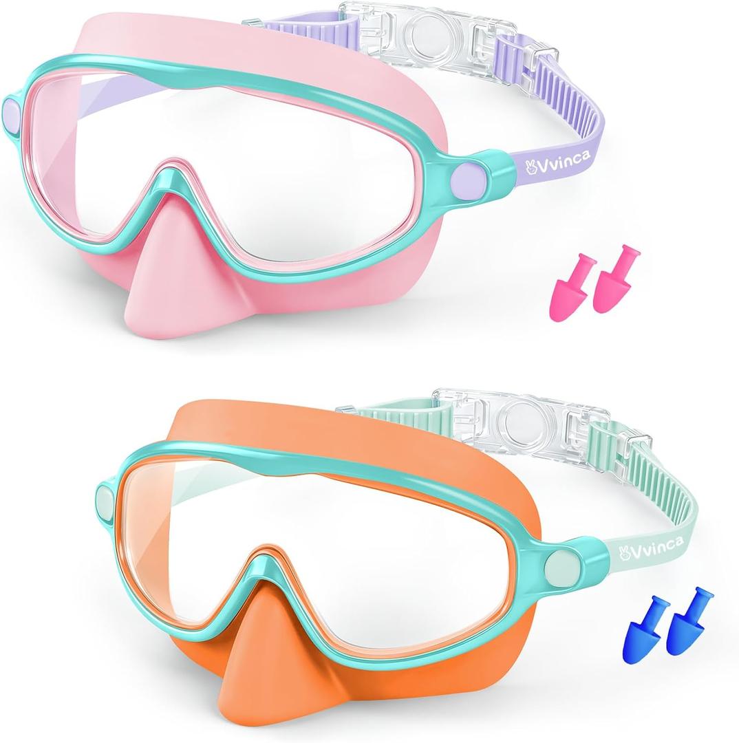 Vvinca 2 Pack Kids Swim Goggles with Nose Cover for 3-14, Wide View Anti-Fog UV Protection Swimming Mask for Boys Girls