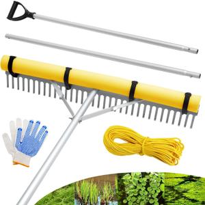 Floating Lake Rake, 36" Aluminum All Purpose Lake and Landscape Rake with 102'' Extension Handle and 52Ft Rope, Weed & Algae Removal, Yellow