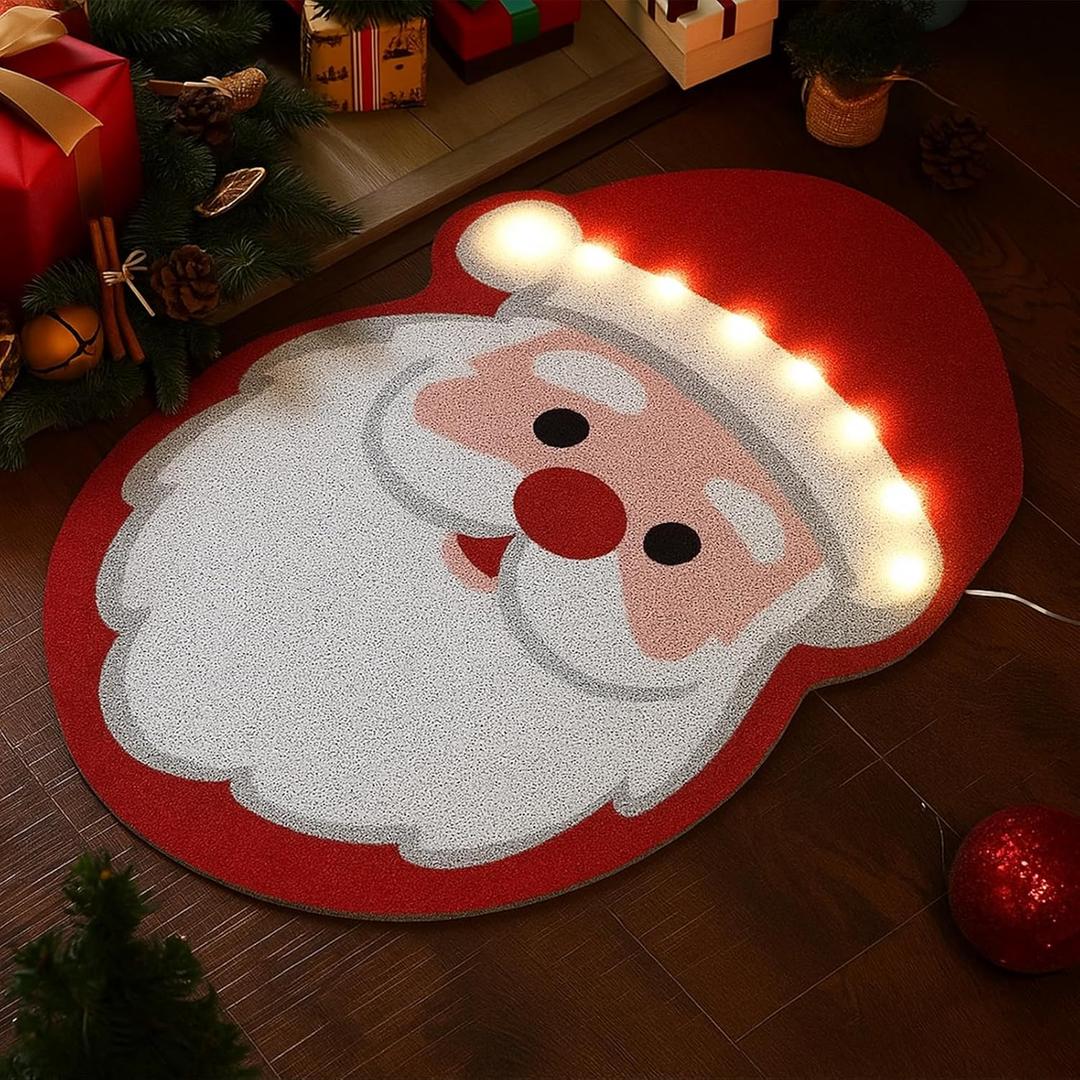 Breling LED Lights Christmas Santa Claus Door Mat 28 x 20 Inch Red and White Coiled Wire Glowing Floor Rugs Xmas Non Slip Doormat for Bathroom Front Door Entrance Home Indoor Outdoor Holiday Decor
